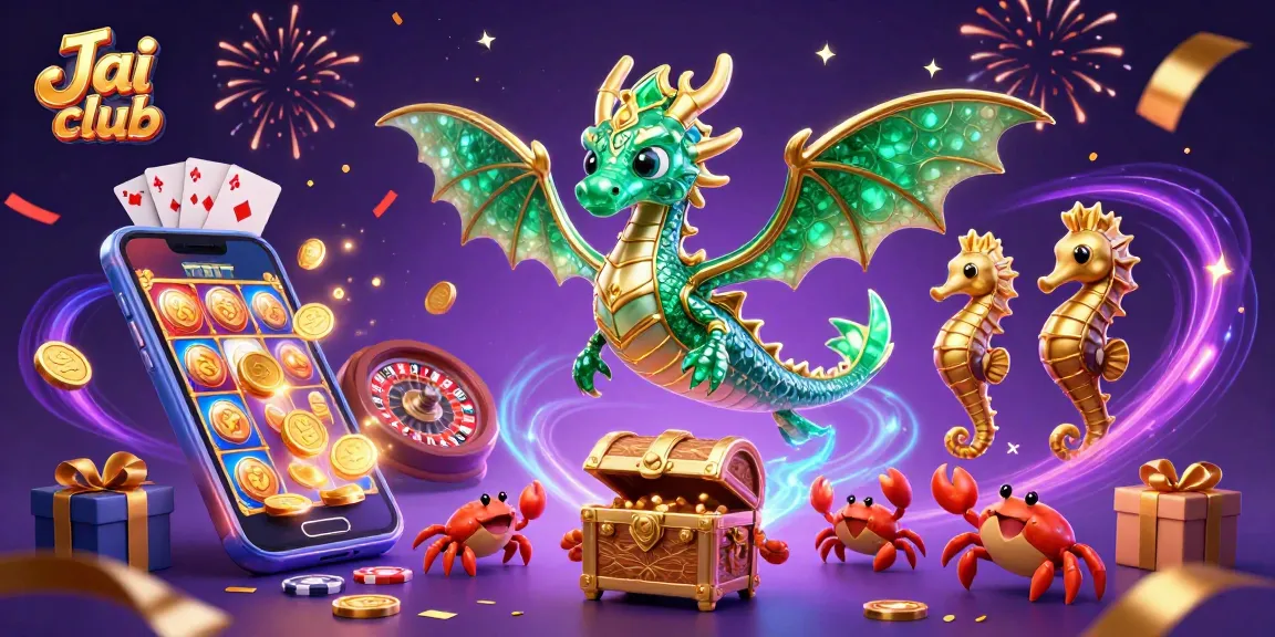 Engage with Jai club's thrilling games through this vibrant 3D illustration of a sea dragon and game elements.