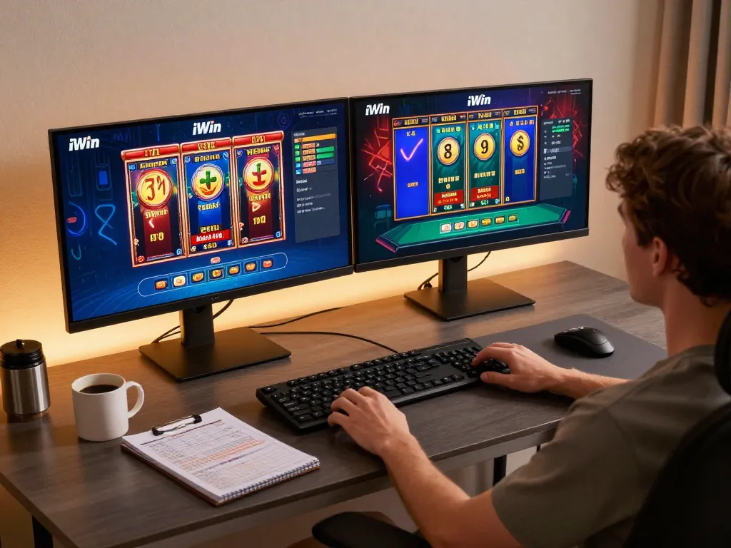 Player enjoying online iWin games on dual monitors, showcasing live dealer and slot games in a cozy setup.