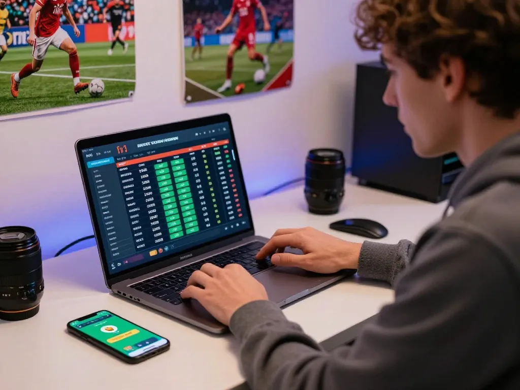 Engaging in ดูหนังออนไลน์ betting strategies with a laptop showing sports odds