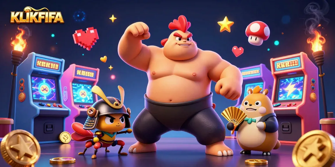KLIKFIFA offers vibrant sports betting action, featuring a powerful rooster and fierce samurai cricket amid dynamic gaming elements.