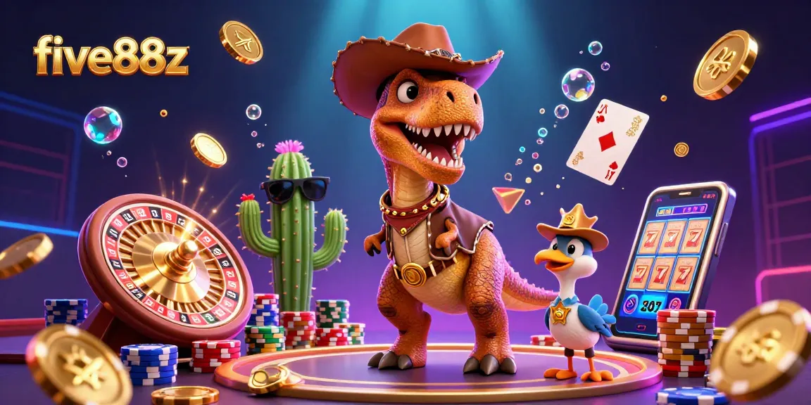 Experience the excitement of five88z casino with a vibrant 3D cartoon scene featuring a T-Rex, cactus, and roadrunner with casino elements.
