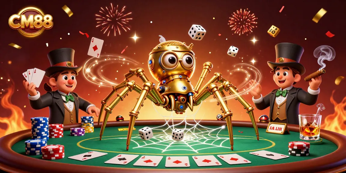 Engage with CM88’s thrilling steampunk casino adventure, featuring golden spider webs filled with poker elements.
