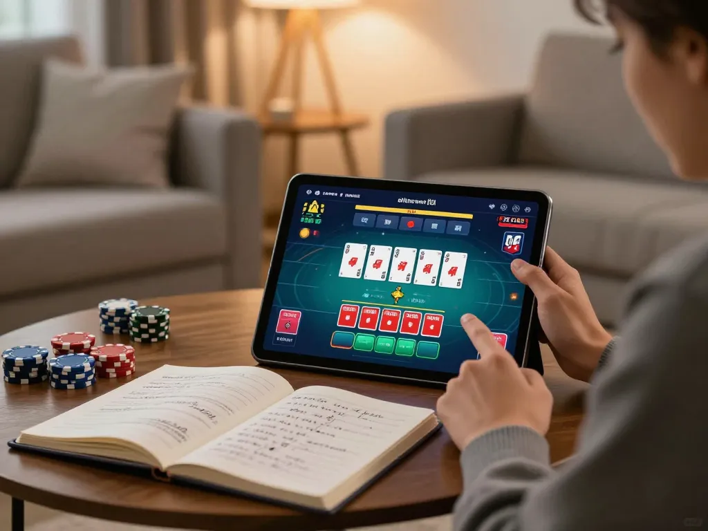 Engaged user playing online casino games at home using f8betlv tablet with strategic notes nearby
