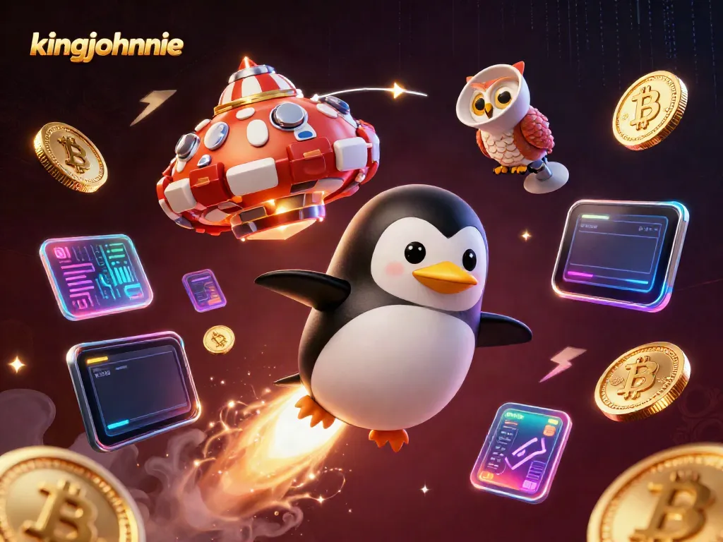 Experience thrilling gaming with kingjohnnie, featuring a golden penguin heading to a poker chip casino in space.