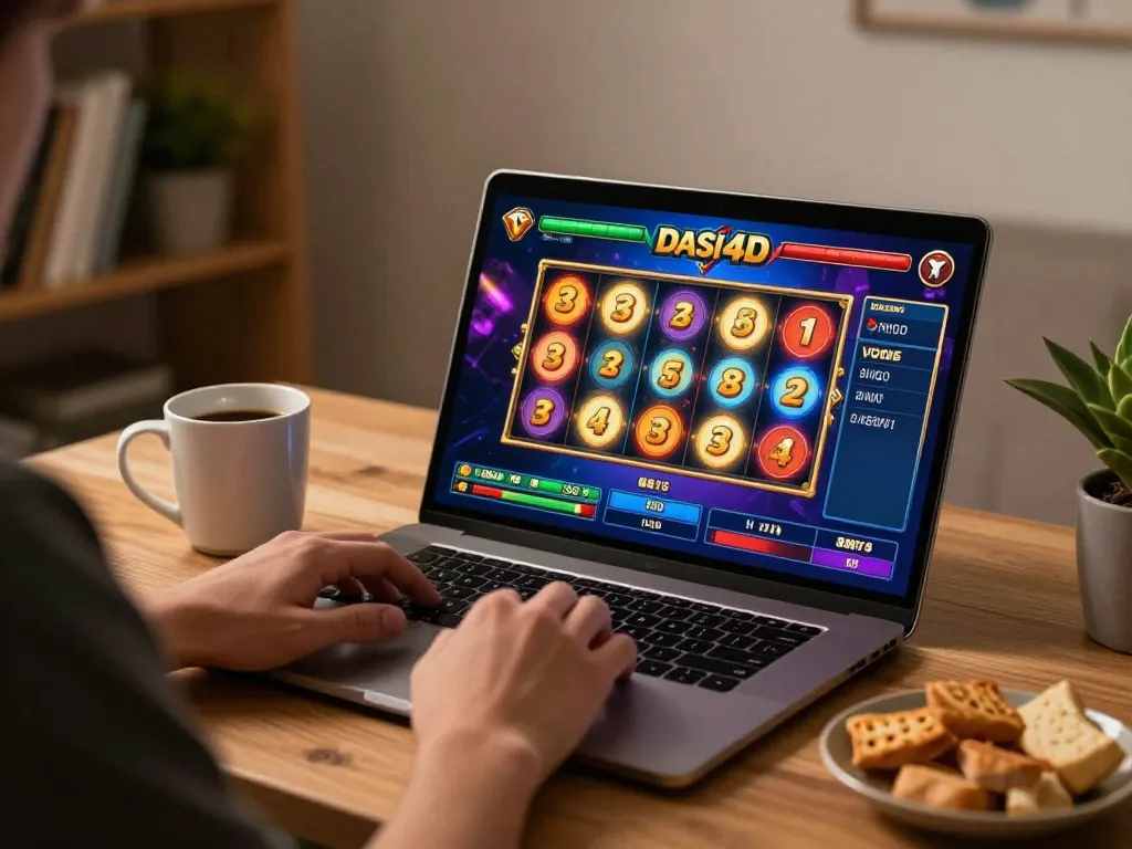 Terlibat dalam sesi slot dasi4d di laptop, menampilkan antarmuka permainan berwarna-warni dan suasana rumah.