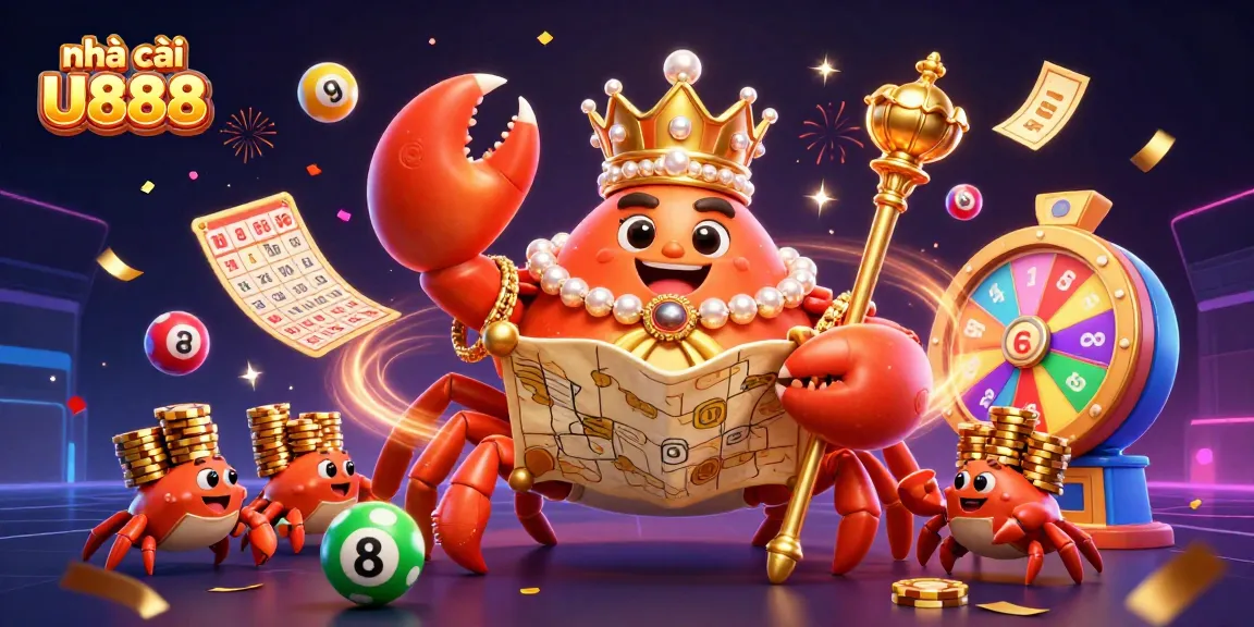 Experience the thrill of nhà cái U888 with a vibrant 3D illustration featuring a golden crab emperor surrounded by dynamic gaming elements.