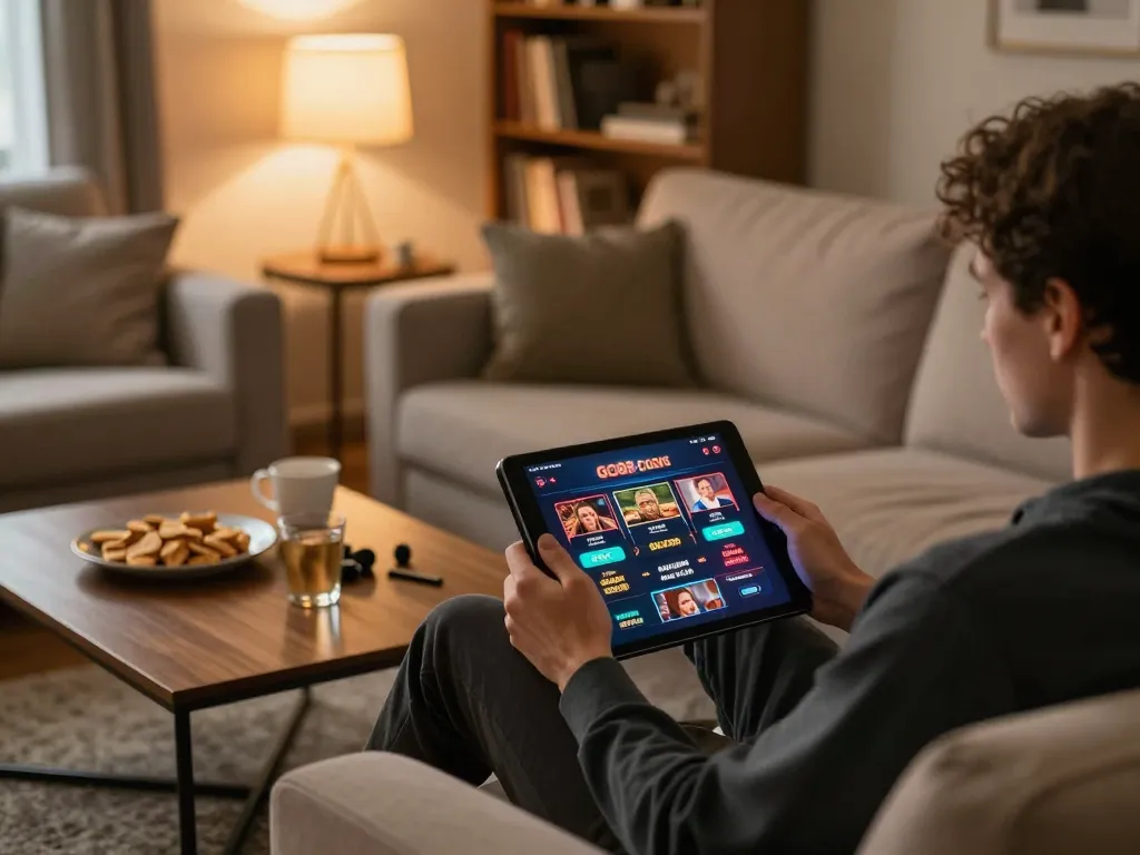 Player using GO88 app on tablet during cozy home gaming session, displaying engaging online casino interface