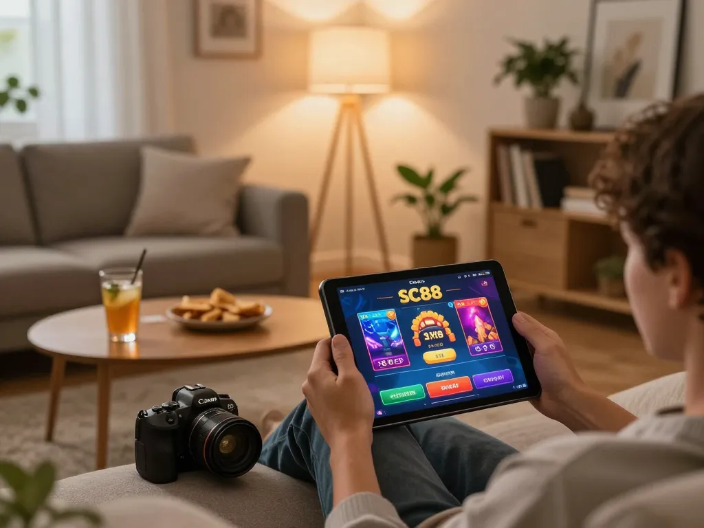 Person engaging with sc88 online casino app on tablet in a cozy home environment.