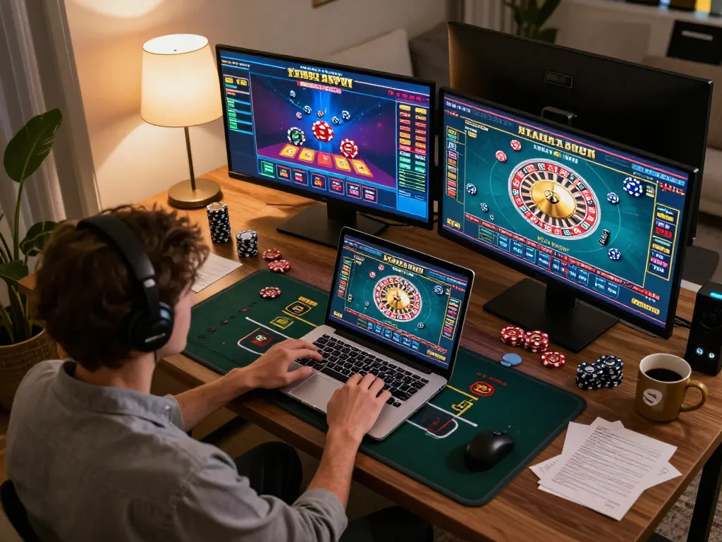 Engaging online gambling moment with IDCASH88 gaming experience at home featuring multiple screens and cozy setup