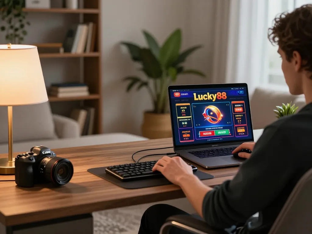 Experience online gaming with lucky88 in a stylish home office setup.