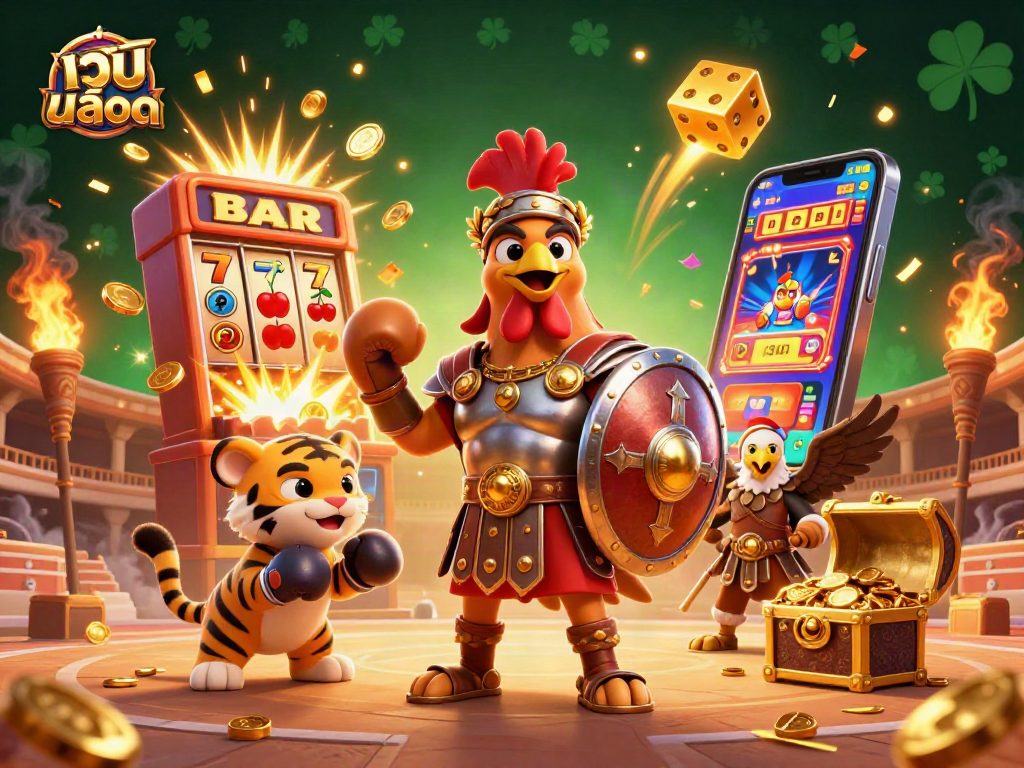 Experience the thrill of เว็บสล็อต with a dynamic 3D cartoon scene featuring a gladiator rooster and slot machine excitement.