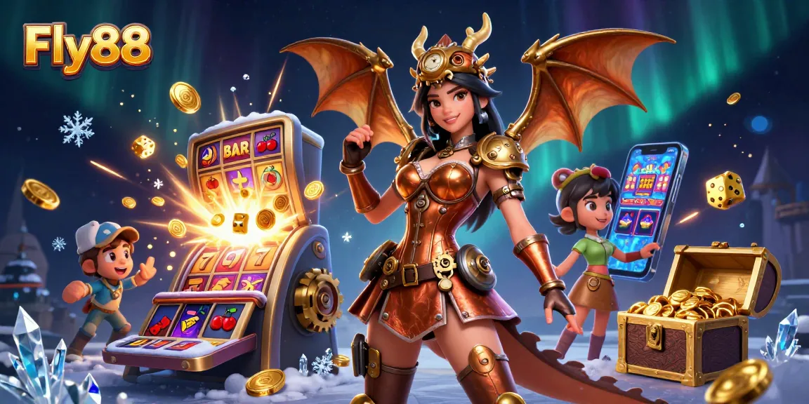 Play immersive games at Fly88 with state-of-the-art 3D casino illustrations featuring vibrant slot machines.