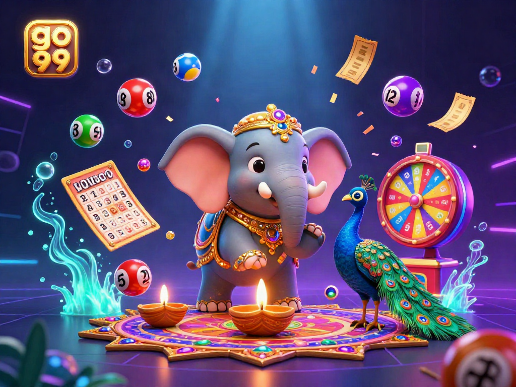 Engage with go 99 as colorful lottery balls and winning visuals create a vibrant casino atmosphere.