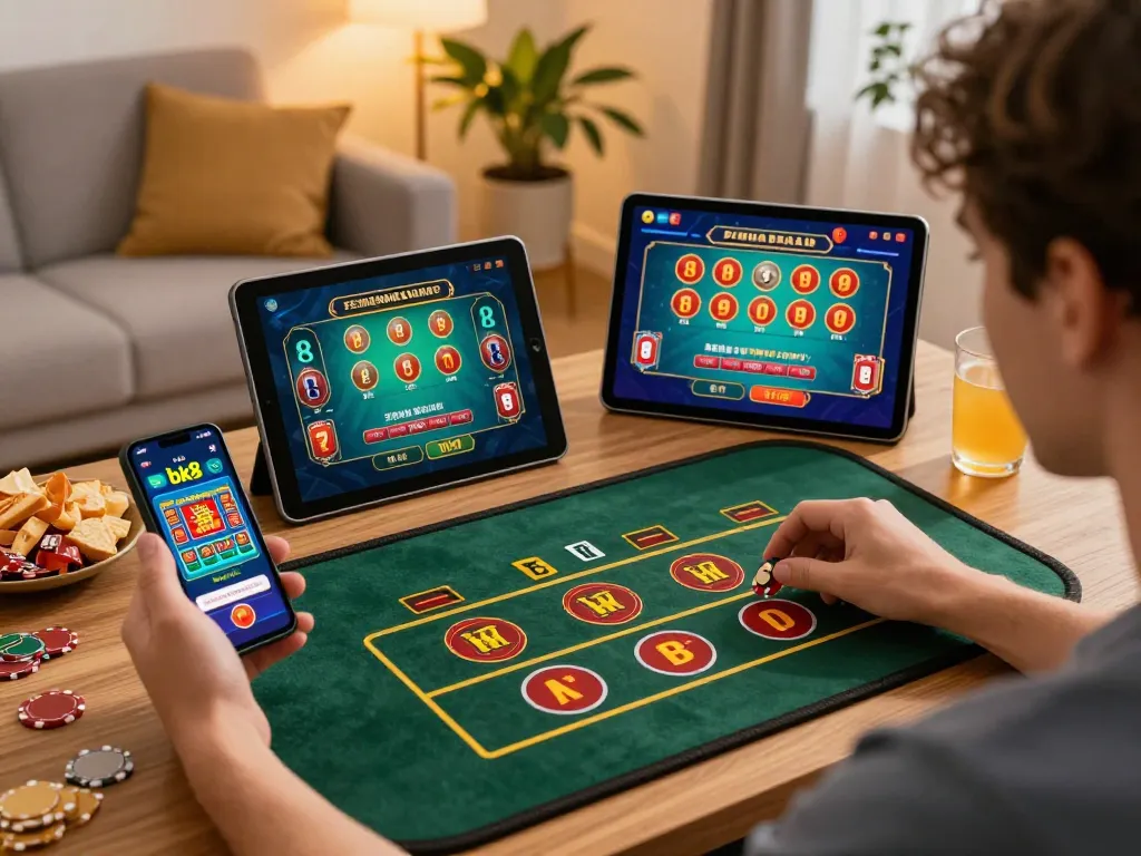 Experience engaging online gambling at bk8 with a smartphone and tablet in a cozy home setting.