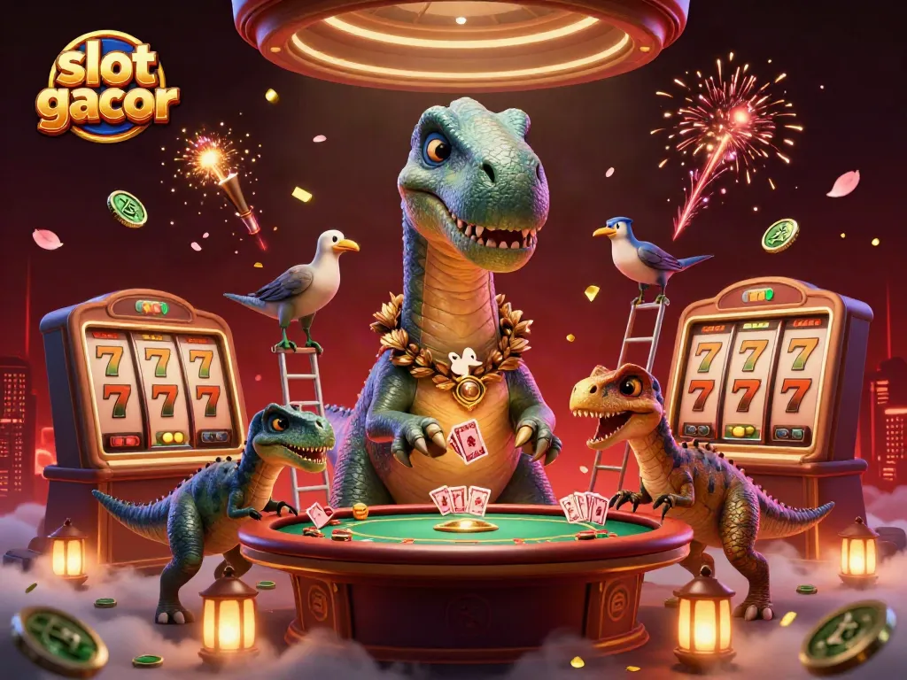 Experience thrilling moments with slot gacor as a majestic brontosaurus overlooks a vibrant casino scene.
