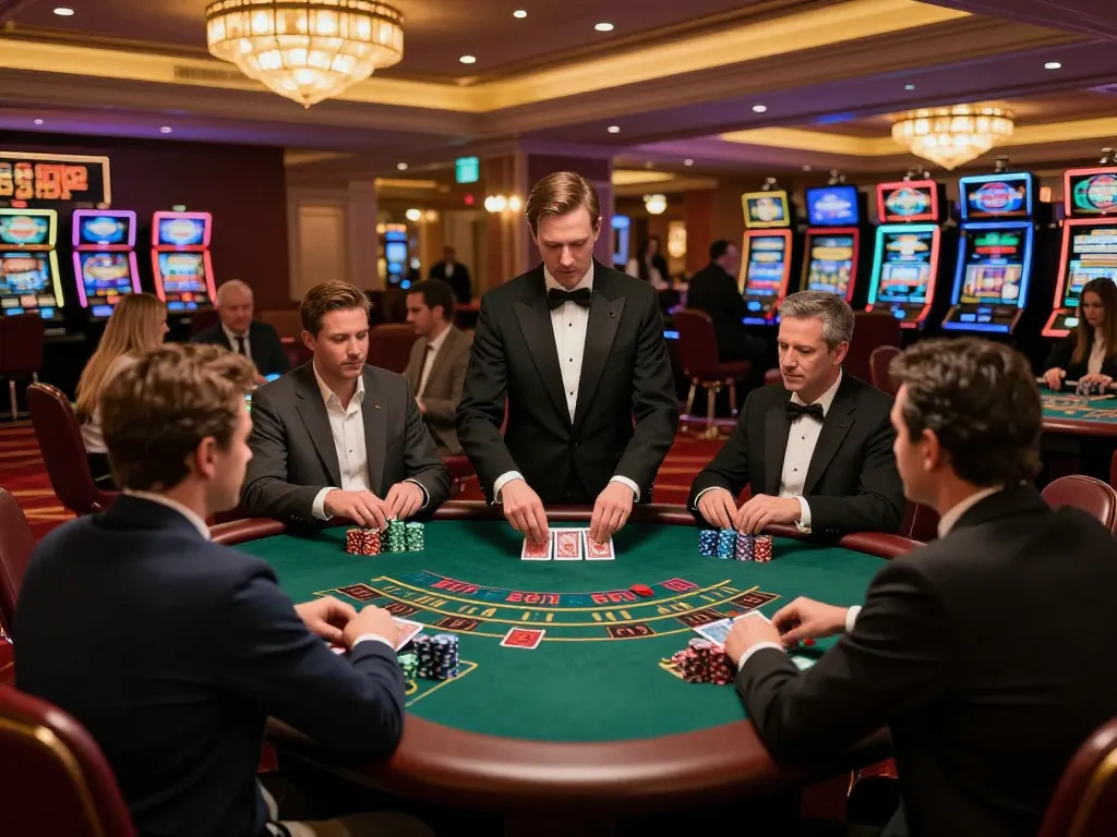 KO66 players enjoying an intense blackjack game with dealers at a luxurious casino.