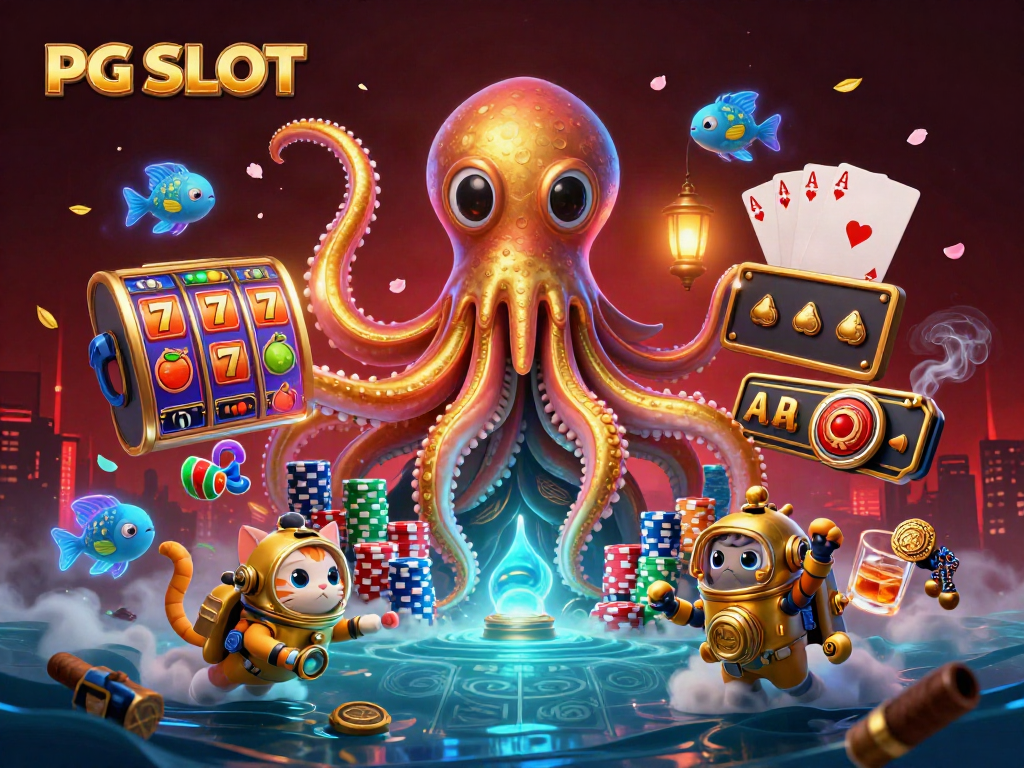 Experience exciting PG SLOT action with a colossal kraken, diving cat, and vibrant slot reels.