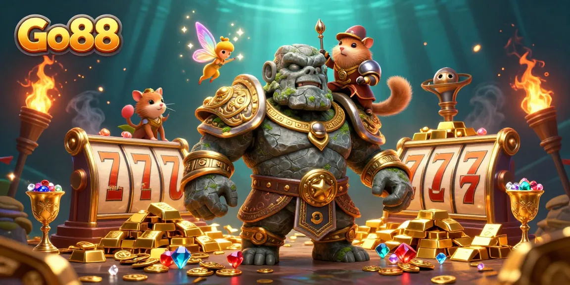 Engage in thrilling gameplay at Go88 with vibrant slot reels, gold treasures, and magical characters.