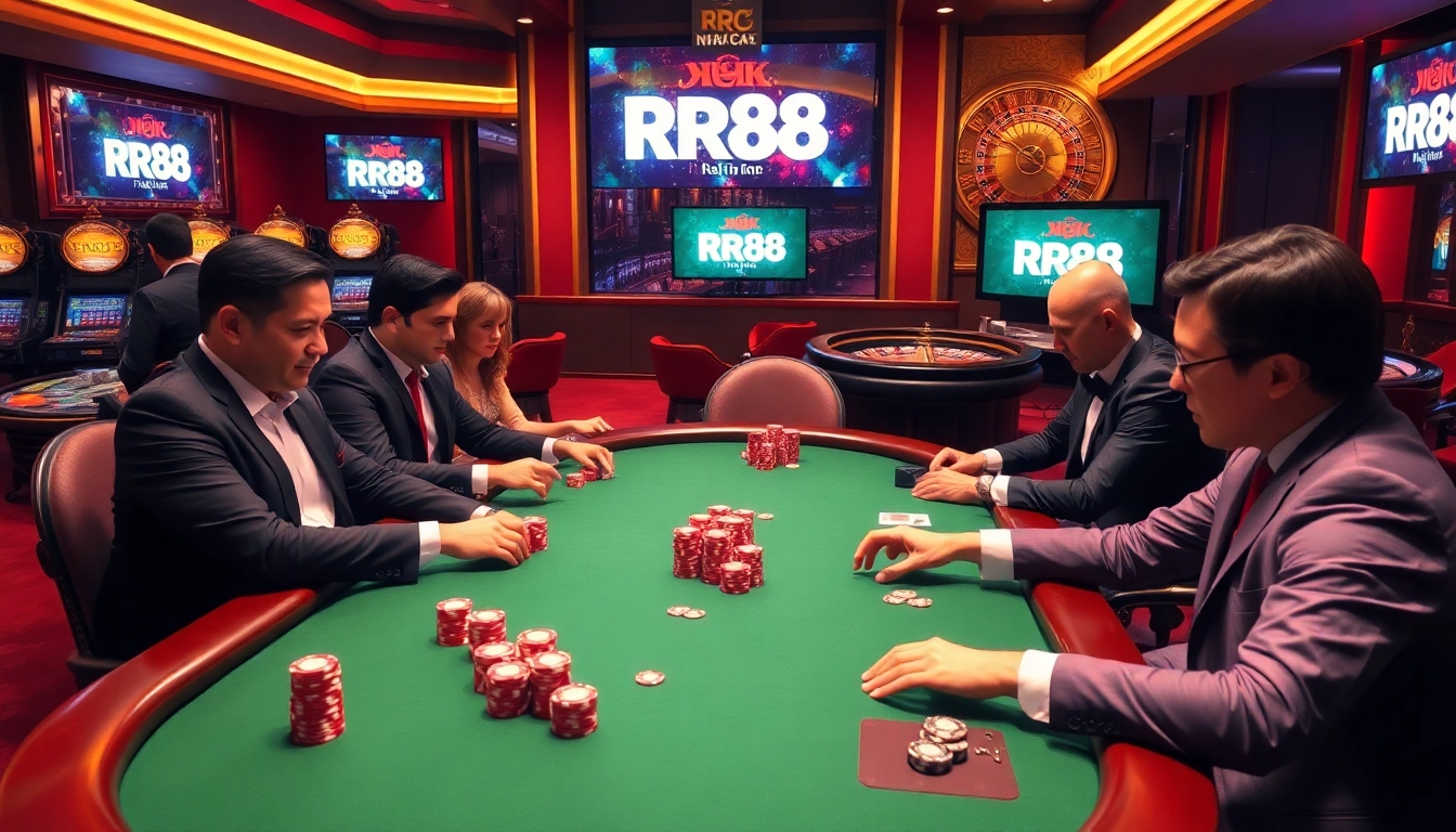 Experience the excitement at Nhà Cái RR88 with players enjoying poker in a luxurious casino environment.