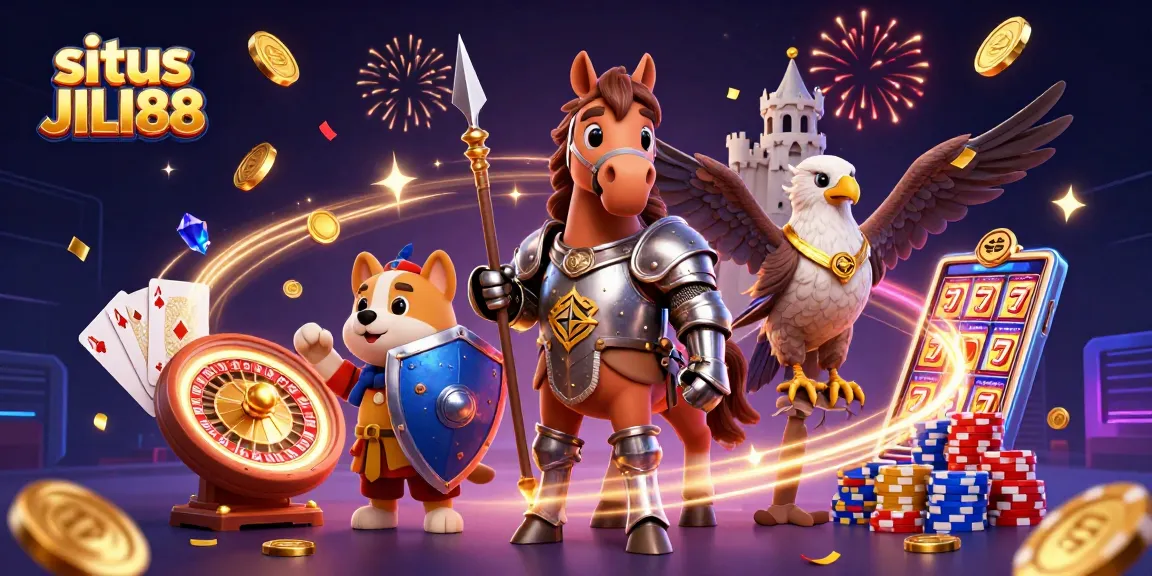 Spin and win at situs JILI88 with a lively scene of characters amidst cascading coins and colorful poker chips.