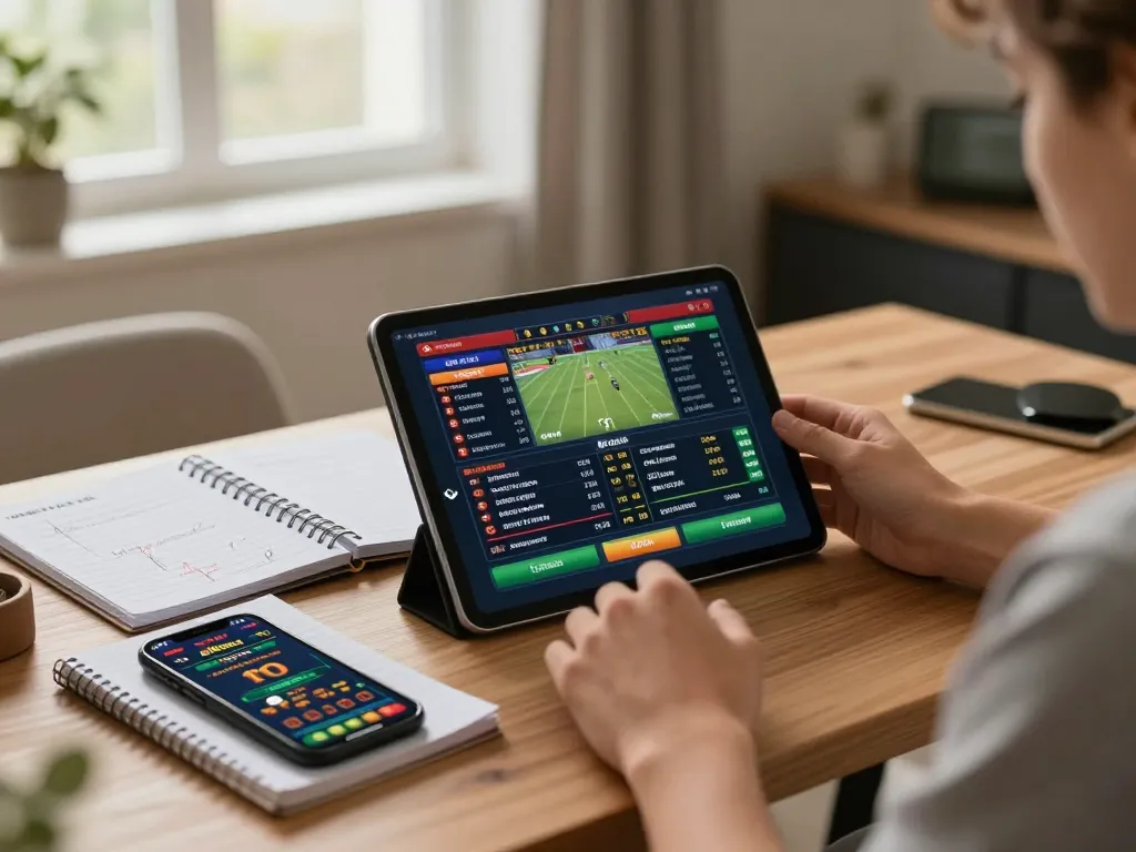 Engaged player exploring sports betting with CM88 app on tablet in a modern home office.