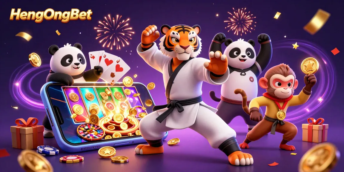 HengOngBet showcases an exciting 3D scene with a kung fu tiger master, immersive slot game elements, and festive energy.