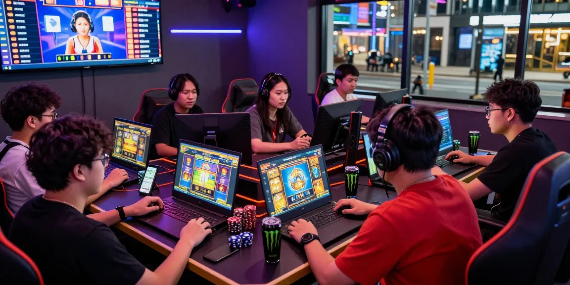 Engaging gaming session at ngamenjitu featuring diverse players immersed in colorful slot games, vibrant atmosphere.