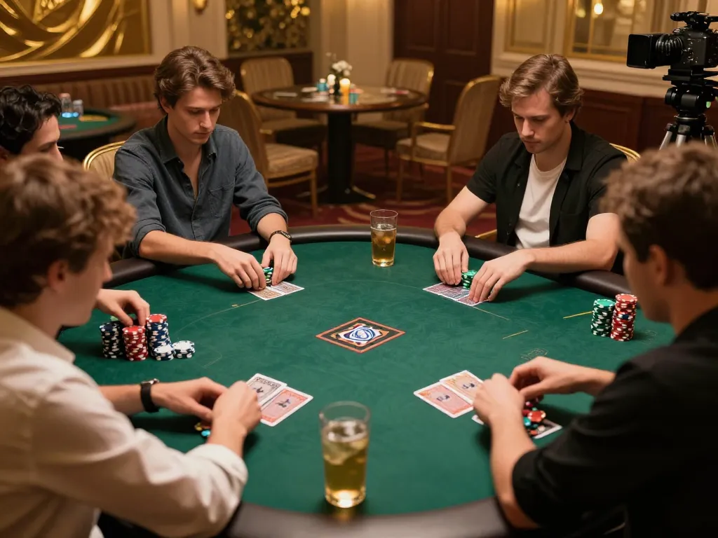 Players strategizing high-stakes poker at a luxury casino table, showcasing the engaging transcrime gambling environment.