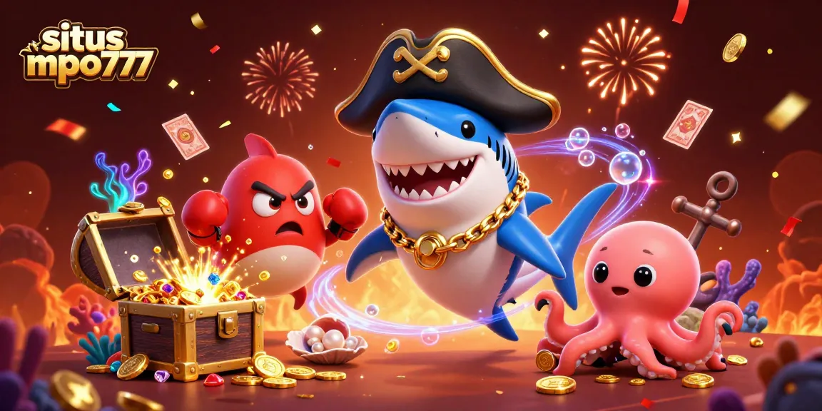 Spin and win at situs mpo777 with a lively pirate shark, pufferfish, and octopus surrounded by treasures.