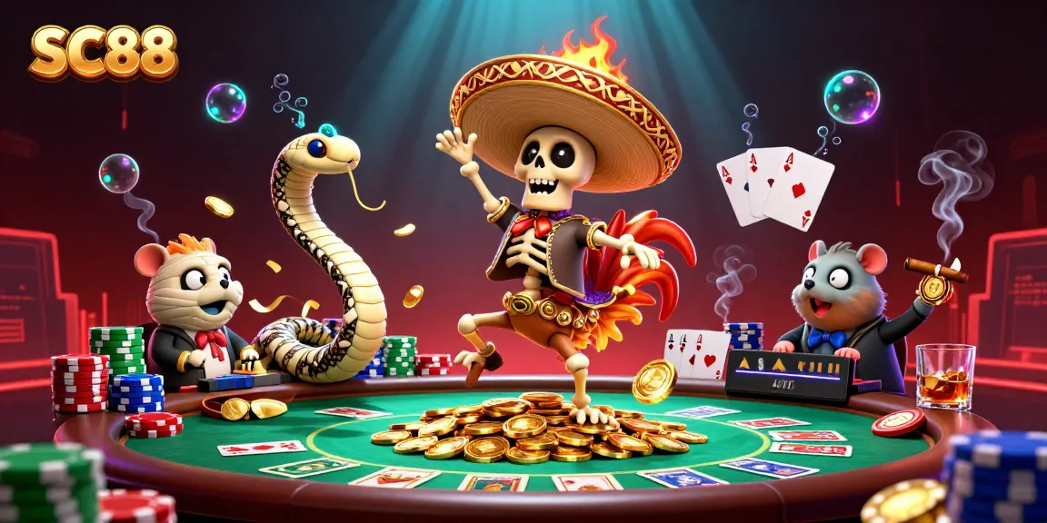 Celebrate big wins at SC88 with a vibrant 3D cartoon casino illustration featuring lively characters and poker elements.