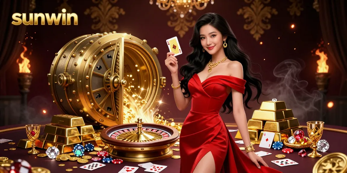 Play casino games with sunwin, featuring a stunning Asian woman and golden roulette.