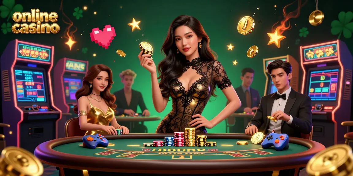 Experience the thrill of online casino gaming with a glamorous scene featuring high-stakes baccarat and colorful arcade elements.