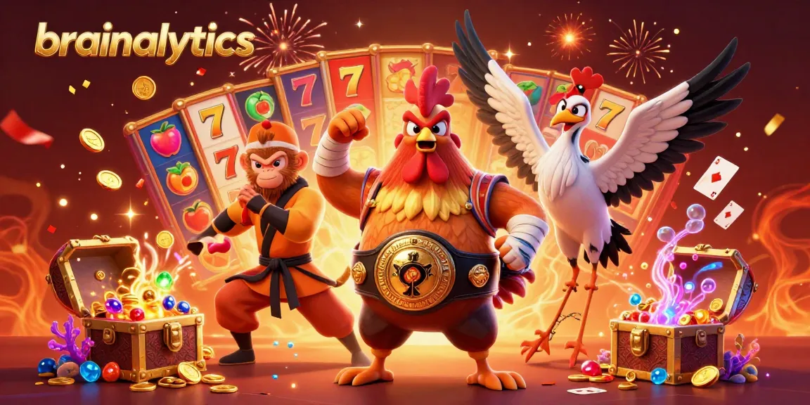 Engage in thrilling casino action with brainalytics as vibrant characters celebrate amidst gold coins and slot game excitement.