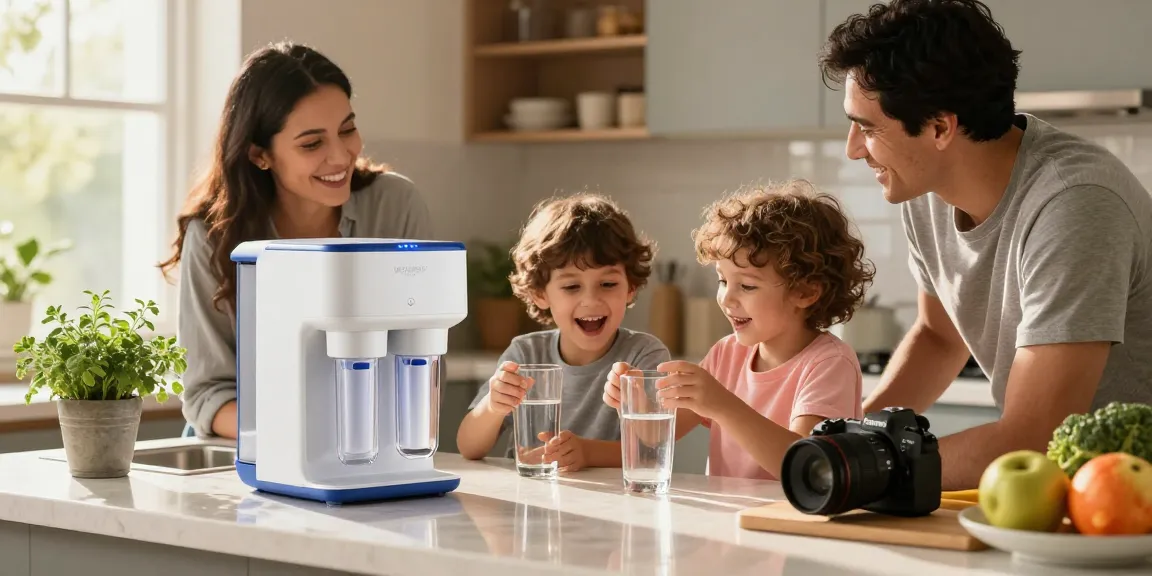Family enjoying fresh filtered water from the Waterdrop TST-UF-B 0.01 Micron Ultra-Filtration Under Sink Water Filter in a bright kitchen.