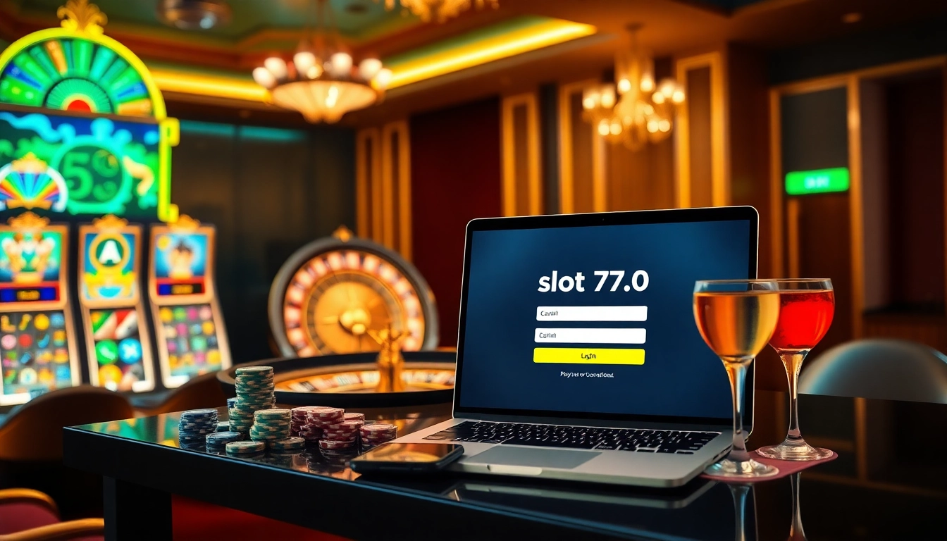 Engage with slot777 login on an exciting casino interface surrounded by luxurious slot machines and betting elements.
