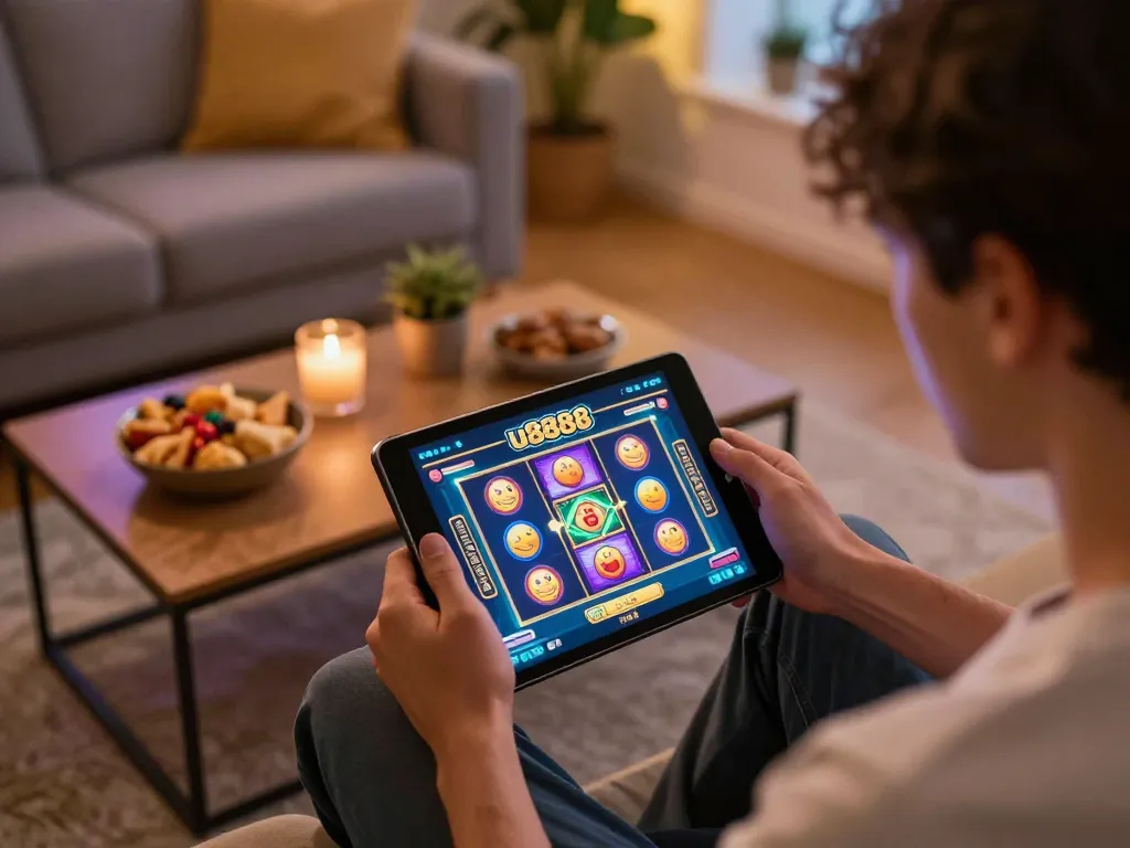 Engaged player enjoying the u8888 online slot game on a tablet in a cozy setting