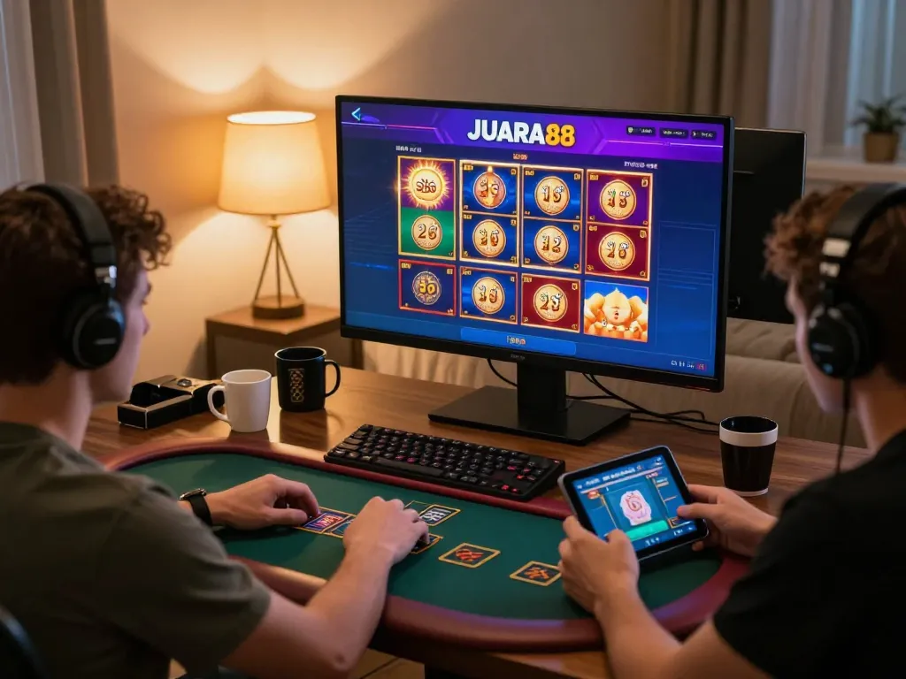 Players immerse in JUARA88 online gaming, showcasing vibrant slot options at a cozy home setup.