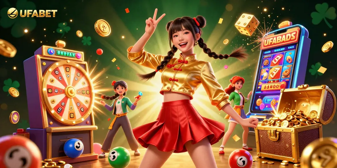 Play and win at UFABET with a stunning digital illustration of vibrant casino action featuring lottery balls, slot machines, and joyful characters.