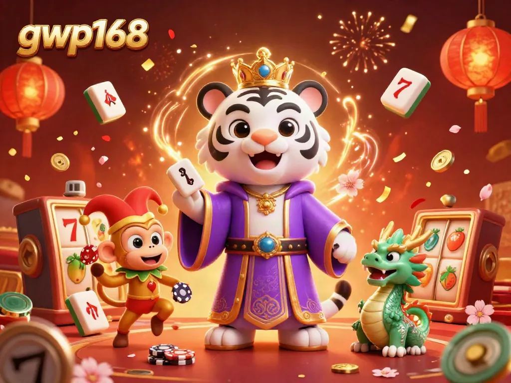 GWP168 menghadirkan hiburan slot yang kaya warna dengan harimau, monyet, dan naga dalam suasana kasino.