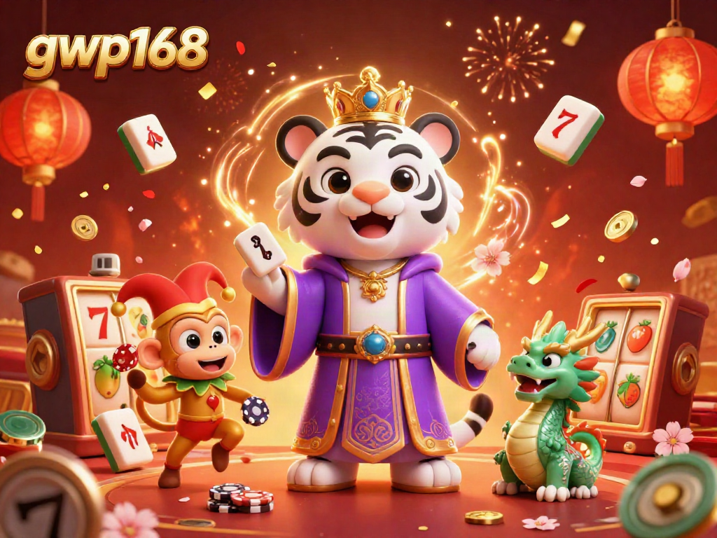 GWP168 menghadirkan hiburan slot yang kaya warna dengan harimau, monyet, dan naga dalam suasana kasino.