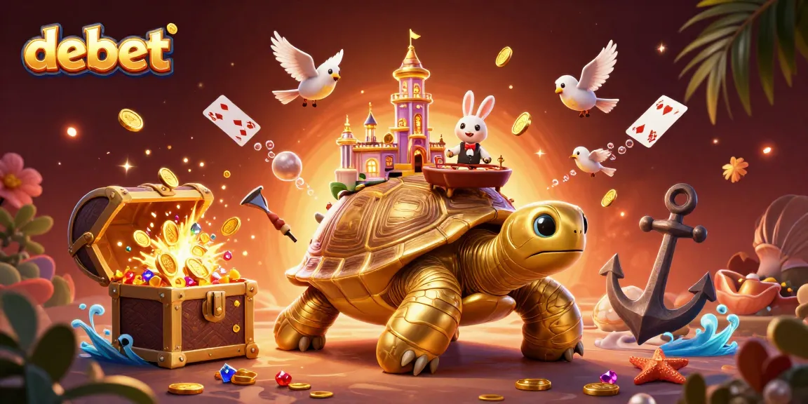 Experience debet with a vibrant scene of a golden tortoise casino and golden coins in play.