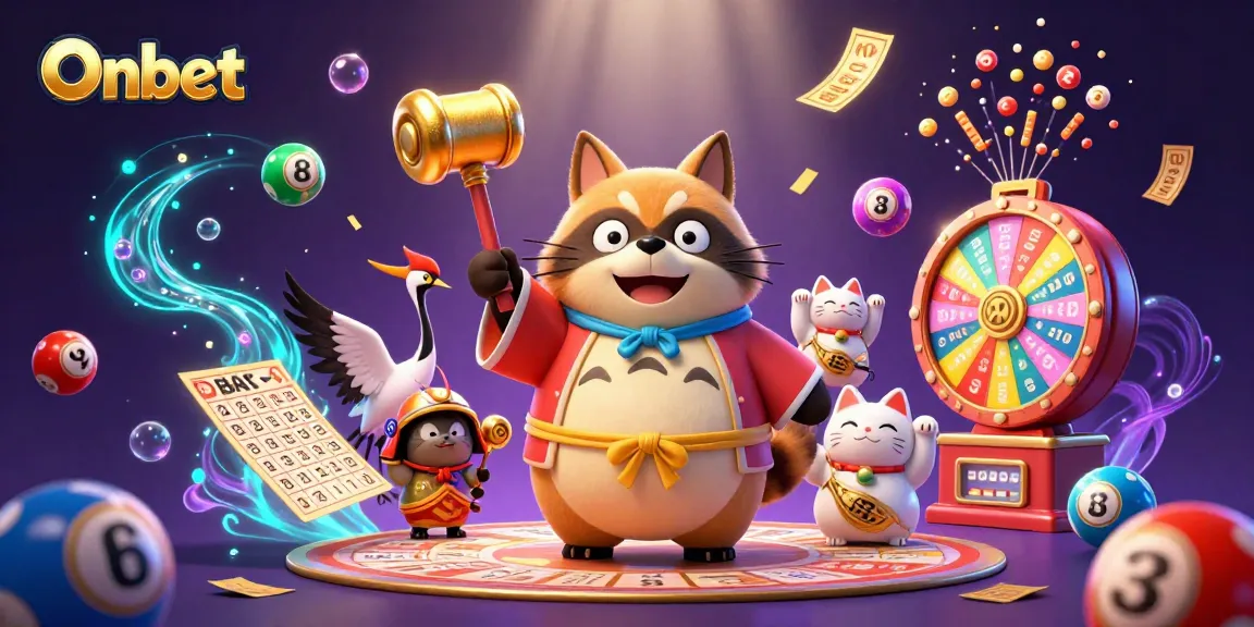 Onbet's dynamic gaming scene features a cheerful tanuki, crane, and fortune cats in vibrant colorful elements.