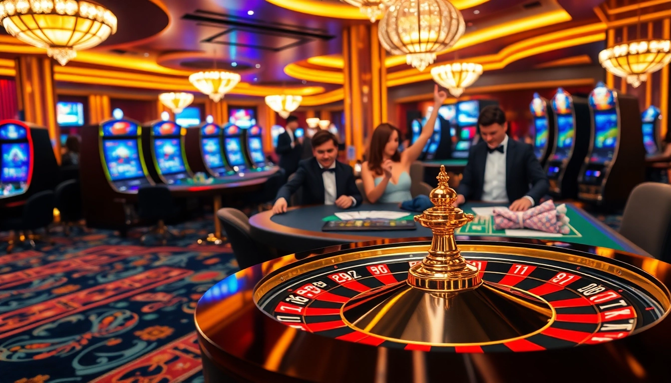Gamblers enjoying a thrilling experience at 13win nhà cái with poker chips and roulette wheels.
