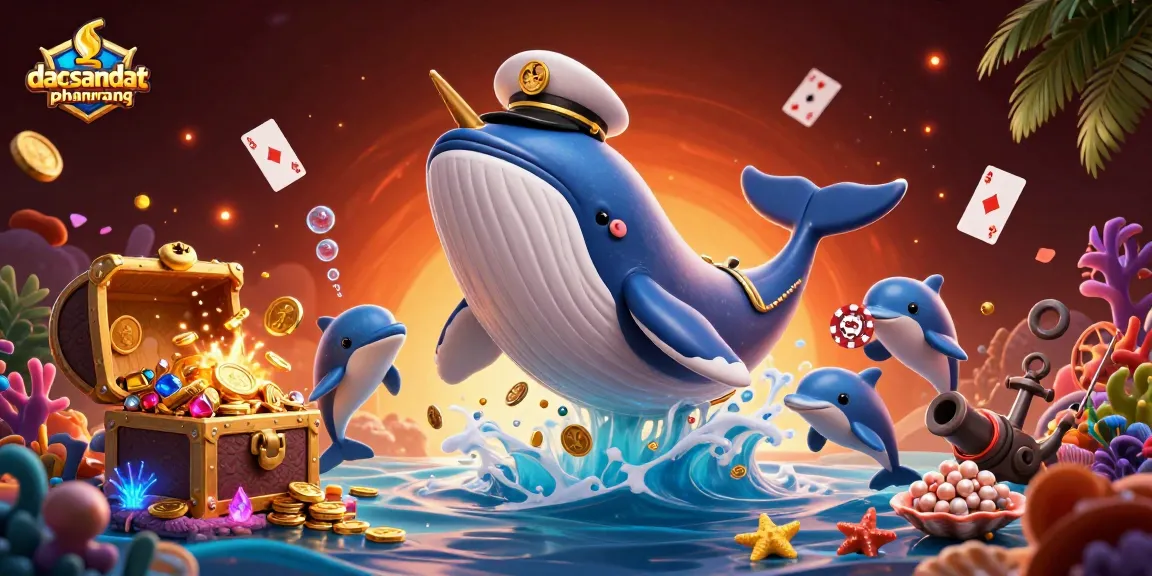 dacsandatphanrang showcases a vibrant 3D scene where a cartoon whale and playful dolphins engage with poker chips in a thrilling underwater casino.