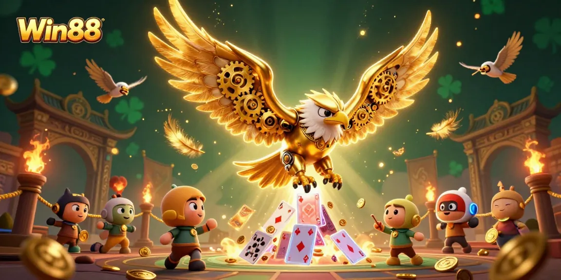 Win88's magical 3D illustration featuring a cybernetic eagle soaring among holographic cards.