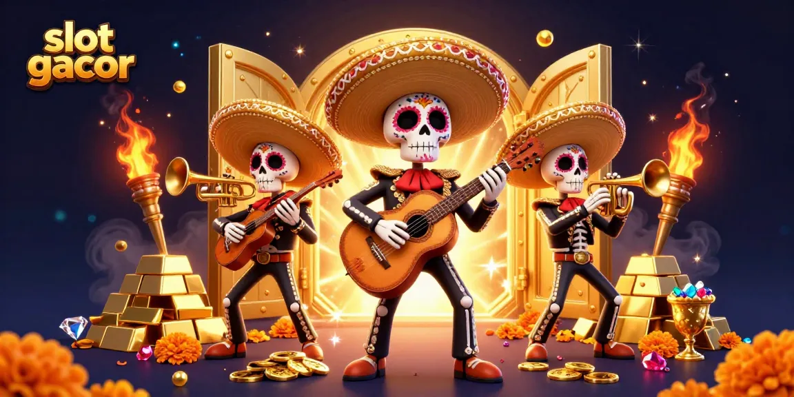 Slot gacor yang menarik dengan skeleton mariachi dan harta kekayaan dalam ilustrasi 3D yang memukau.