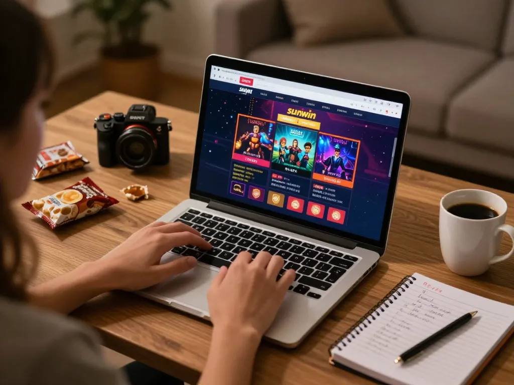 sunwin players enjoying online poker games in a cozy home office setting with warm ambient lighting