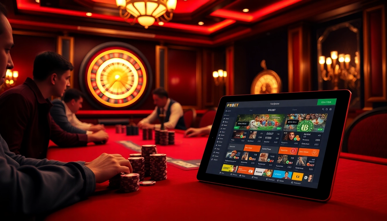 Experience the thrill of F8BET with players engaged at a luxurious poker table in a vibrant casino setting.