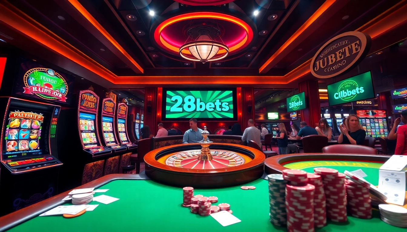 Engaging scene of 28bets casino showcasing vibrant slot machines and roulette wheel.