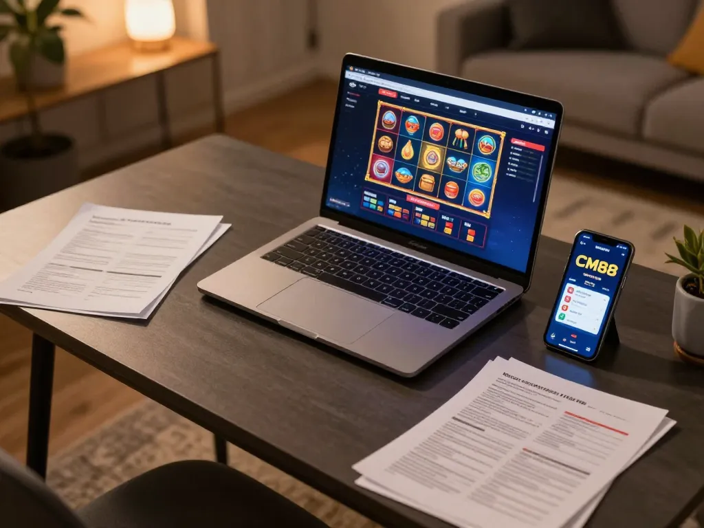 Engaging with CM88's online casino interface on a sleek gaming laptop while analyzing strategies at home.